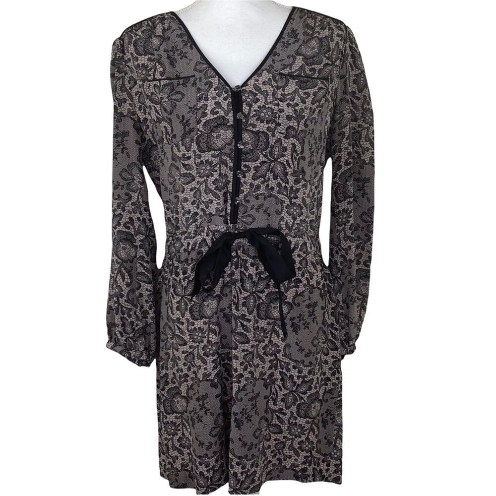 Rebecca Taylor Women's Long Sleeve Silk‎ Floral Dress Gray Size 6 Tie Waist